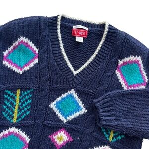 IVY wear Hand Knit Vintage Womens L Navy V-Neck Sweater Geometric Pattern Granny